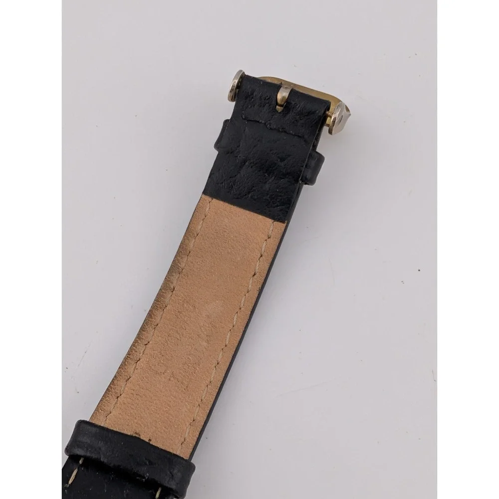 Women's Quartz Watch 38mm Gold Case Crystal Bezel Black Leather Band New Battery
